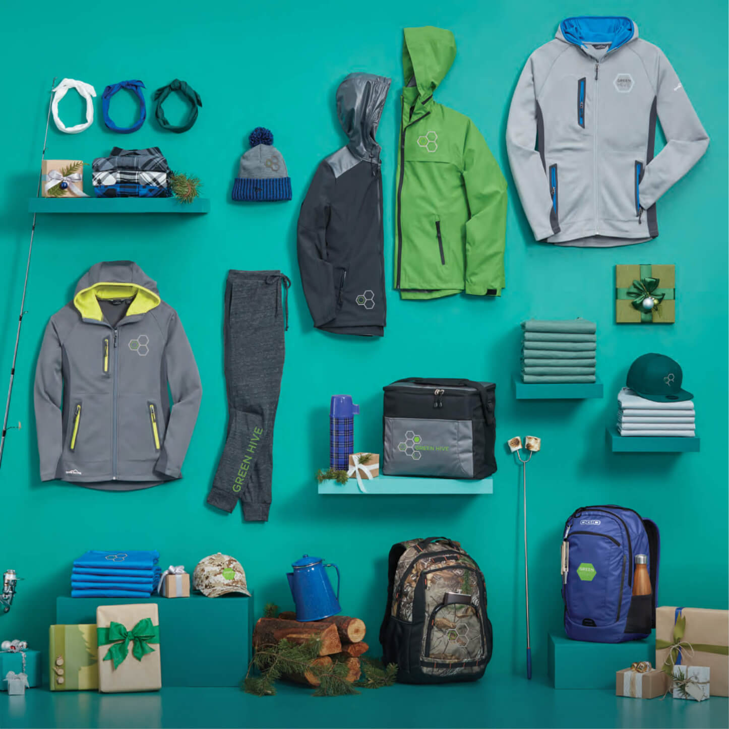 Give them branded outdoor gear, personalized back-packs, branded hats, leggings, joggers and much more.